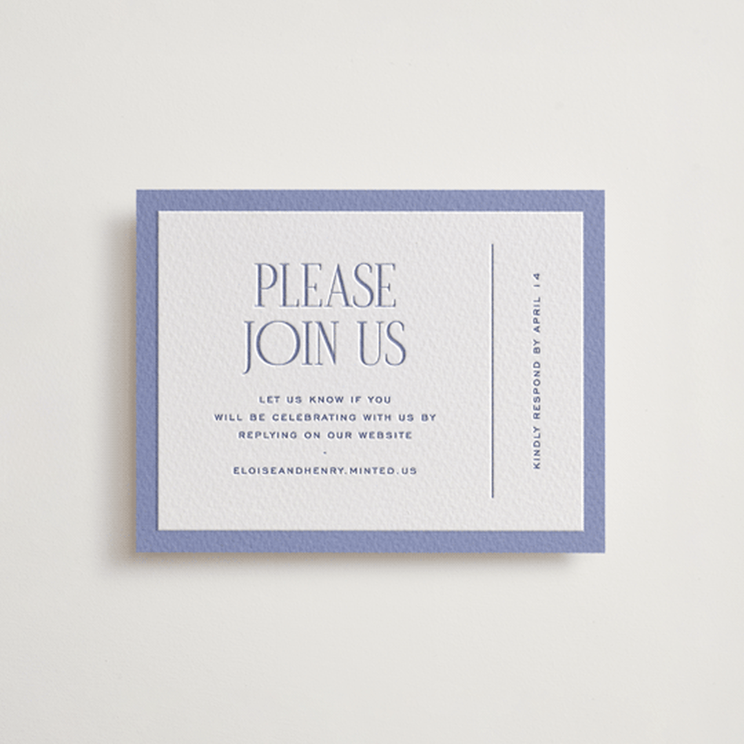 "Threaded" - Letterpress RSVP Online Enclosure Cards in Periwinkle by Pixel and Hank - Front