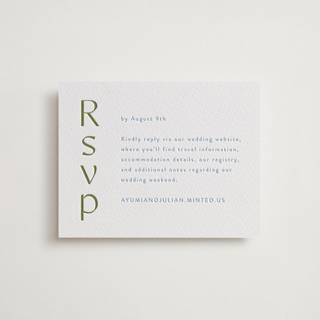 "Ayumi" - Letterpress RSVP Online Enclosure Cards in Pistachio by Melanie Kosuge - Front