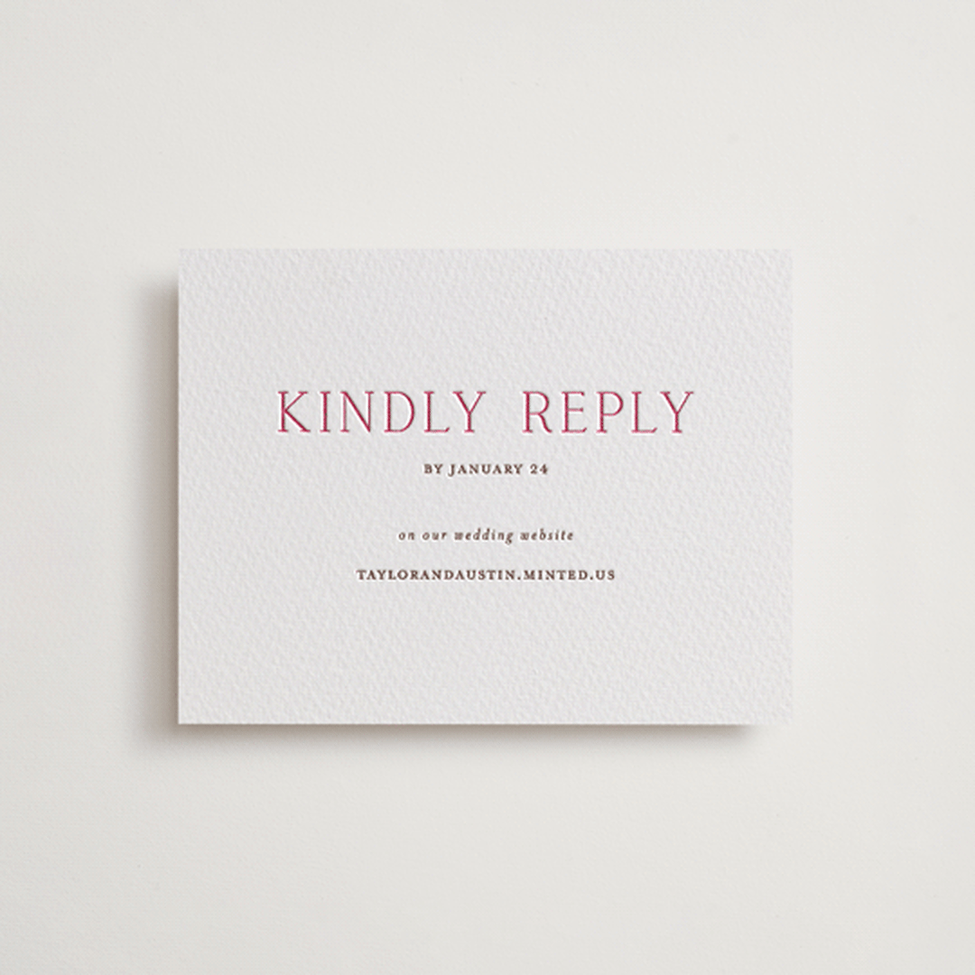 "In Love" - Letterpress RSVP Online Enclosure Cards in Azalea Pink by Vanessa Doyle - Front