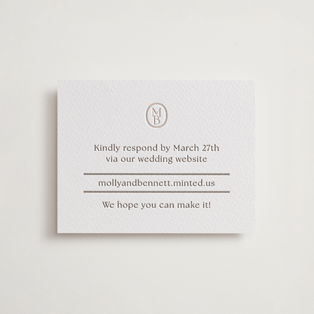 "Perriand" - Letterpress RSVP Online Enclosure Cards in Coffee by Megan Davis - Front