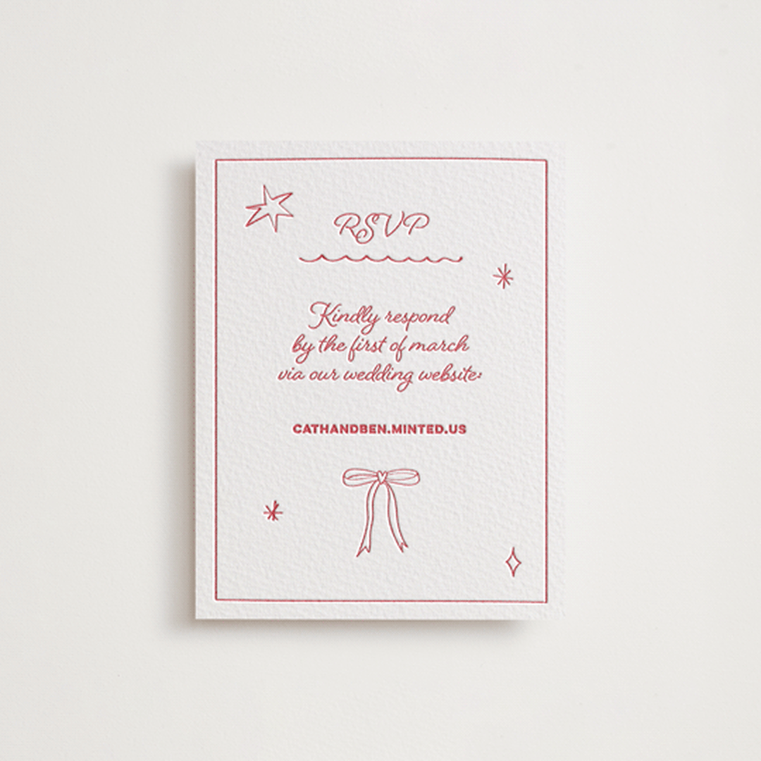 "Crazy Little Thing Called Love" - Letterpress RSVP Online Enclosure Cards in Scarlet by Helena Vitto - Front