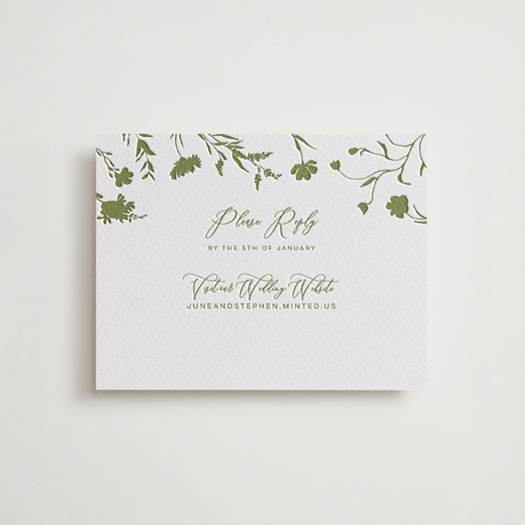 "Untied" - Letterpress RSVP Online Enclosure Cards in Pistachio by Erin Hodges - Front