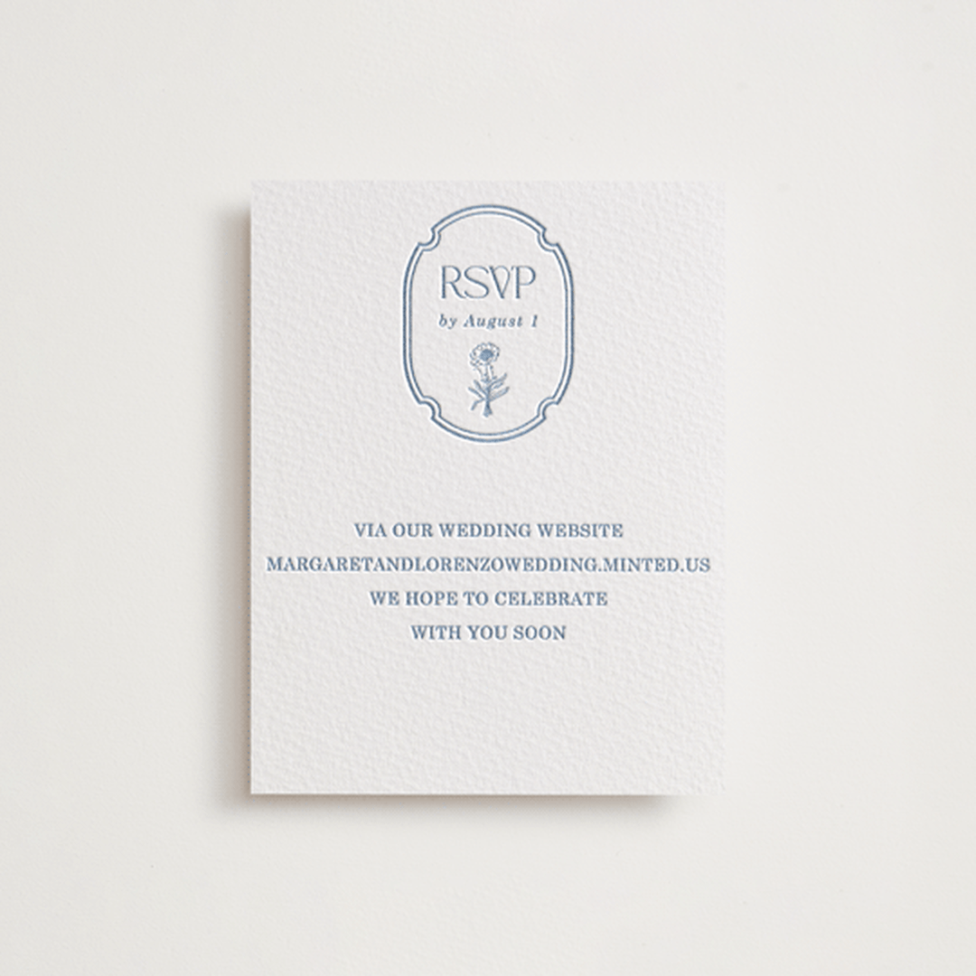"Flora Arch" - Letterpress RSVP Online Enclosure Cards in Provincial Blue by Baumbirdy - Front