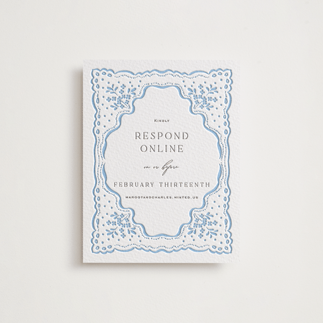 "Margot" - Letterpress RSVP Online Enclosure Cards in Sky Blue by Erin L. Wilson - Front