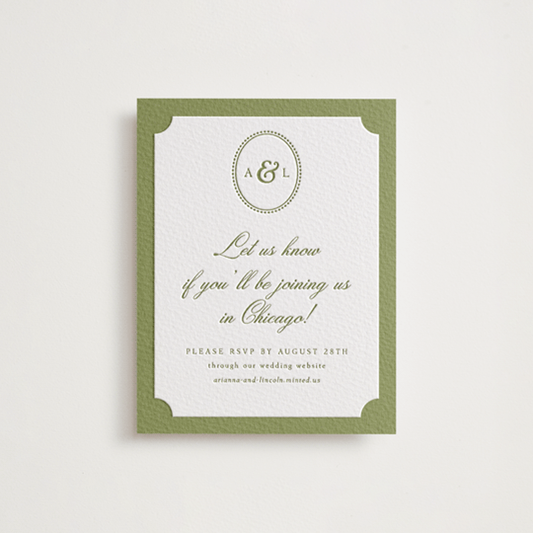 "Darcy" - Letterpress RSVP Online Enclosure Cards in Pistachio by Robert and Stella - Front