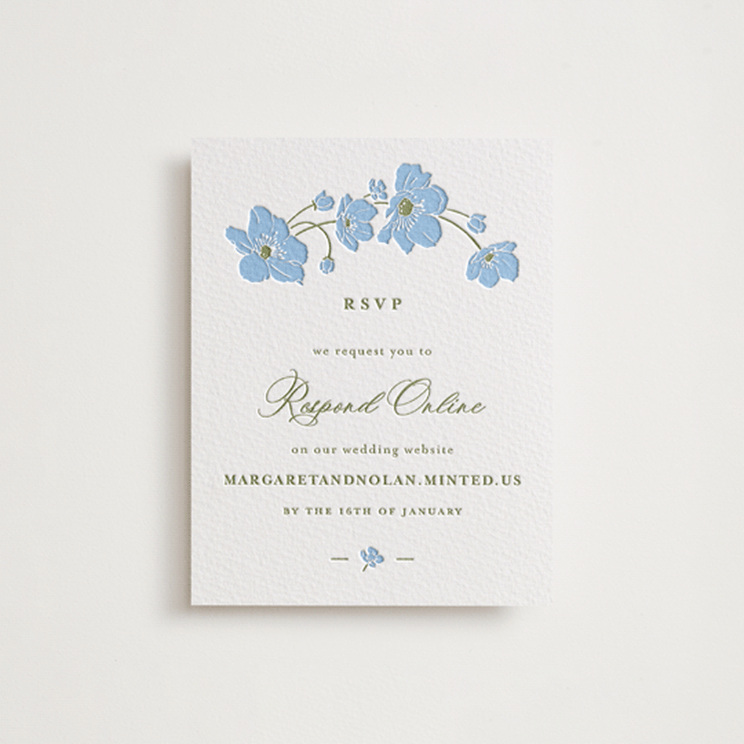 "Anemones" - Letterpress RSVP Online Enclosure Cards in Sky Blue by letterfix - Front