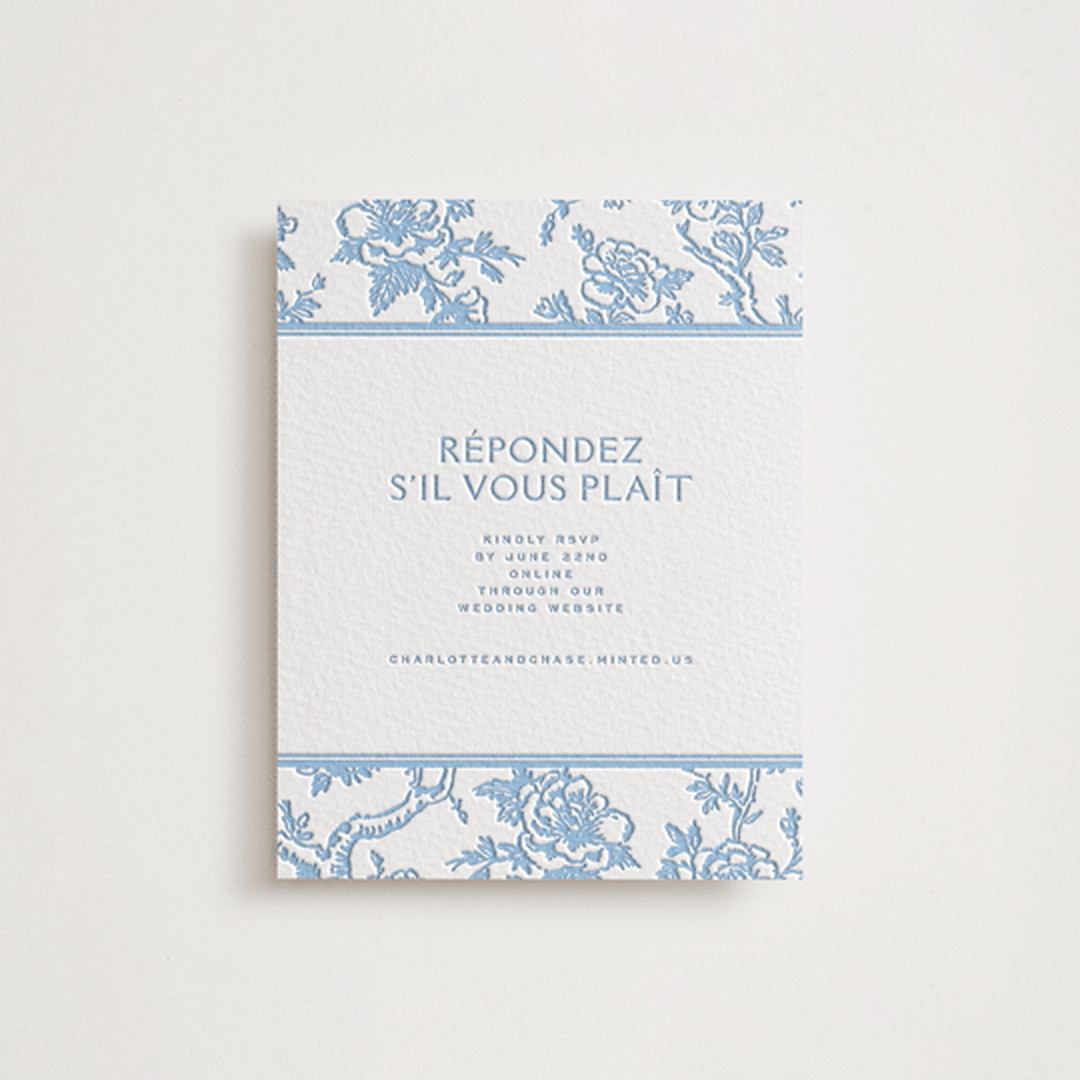 "Classic Toile" - Letterpress RSVP Online Enclosure Cards in Sky Blue by Jenna Holcomb - Front