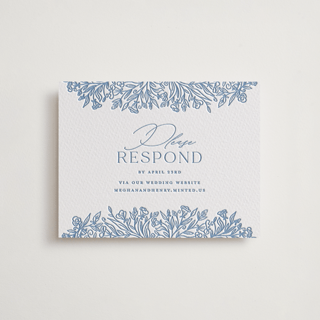 "Hummingbird Botanicals" - Letterpress RSVP Online Enclosure Cards in Provincial Blue by Erin Deegan - Front