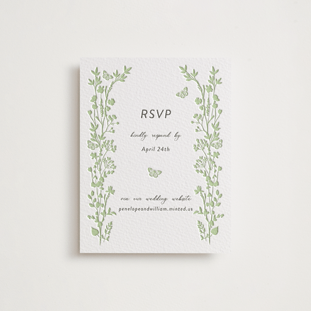 "Flower Garden" - Letterpress RSVP Online Enclosure Cards in Tea Green by Susan Moyal - Front