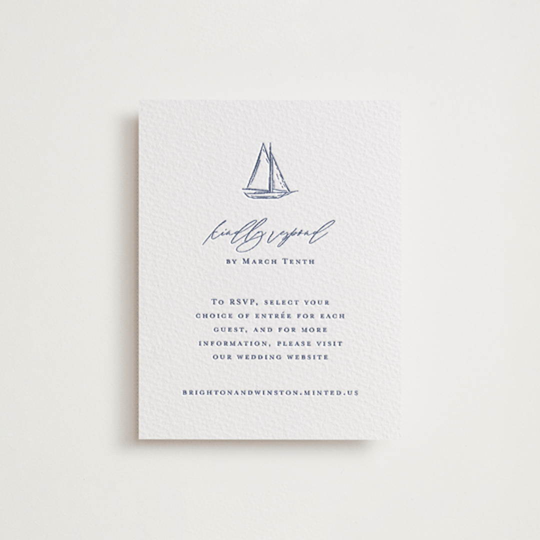 "Mariner" - Letterpress RSVP Online Enclosure Cards in Indigo by Jelena Vuletic - Front