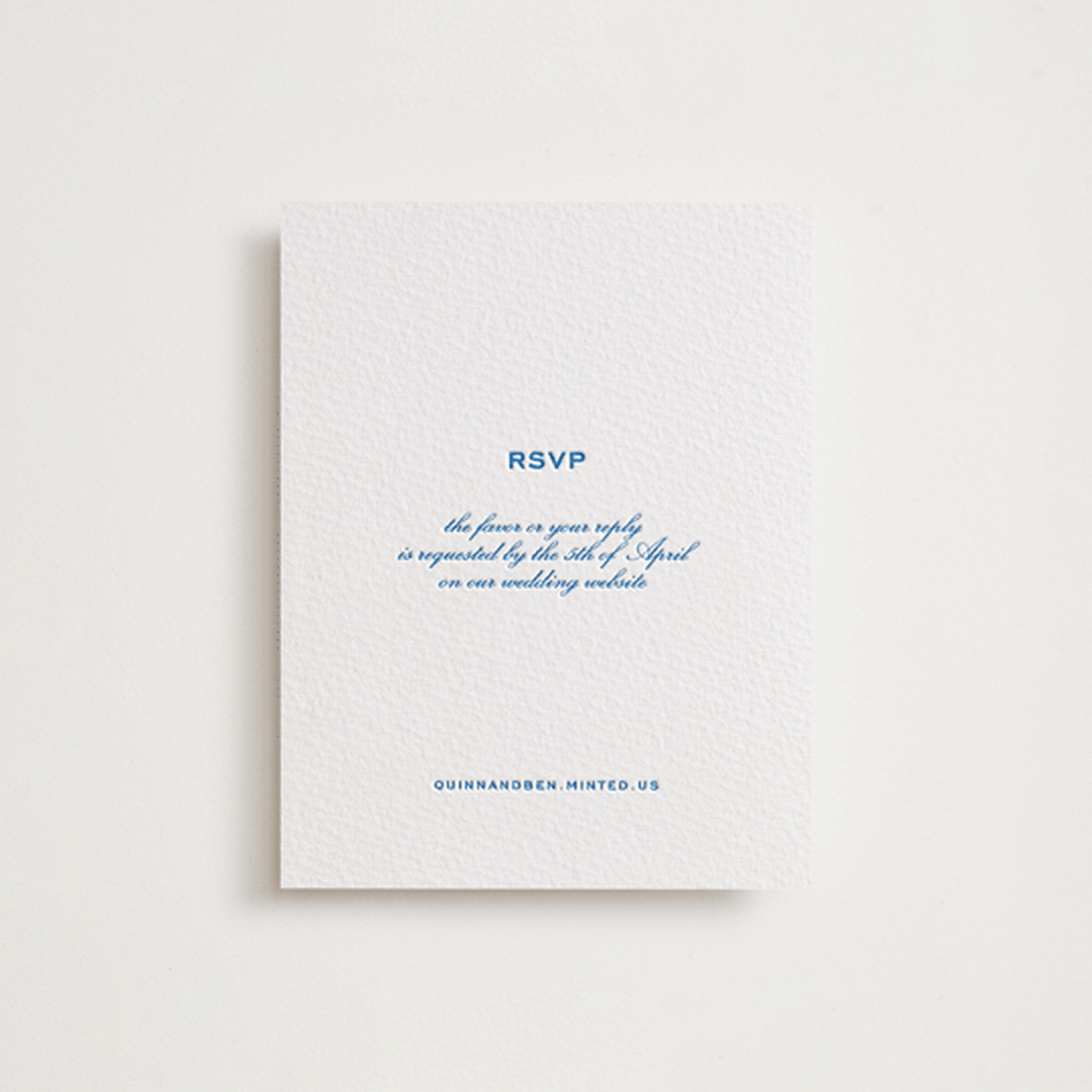 "Brasserie" - Letterpress RSVP Online Enclosure Cards in Sapphire by Megan Davis - Front