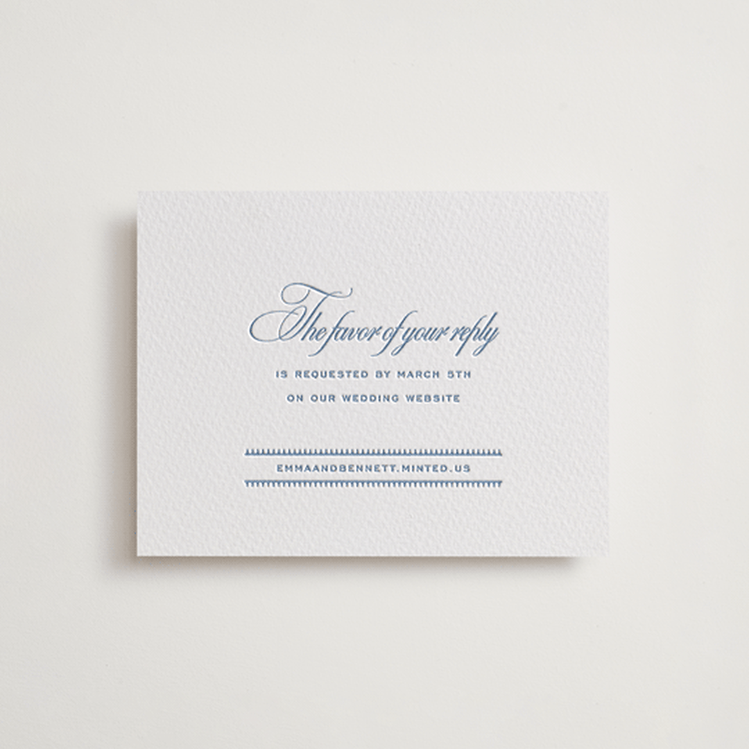 "Maison" - Letterpress RSVP Online Enclosure Cards in Provincial Blue by Megan Davis - Front