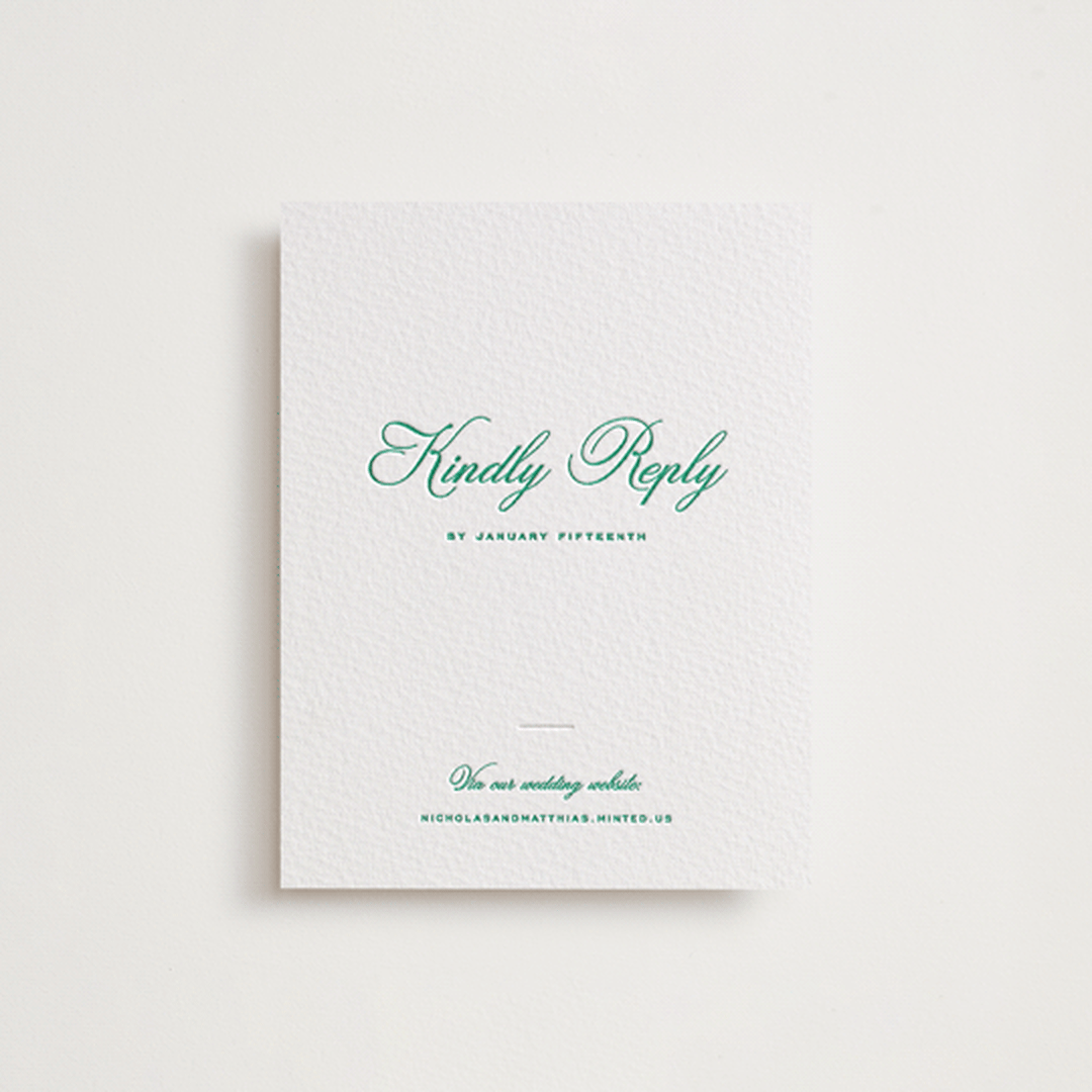 "Keepsake" - Letterpress RSVP Online Enclosure Cards in Shamrock by Blustery August - Front