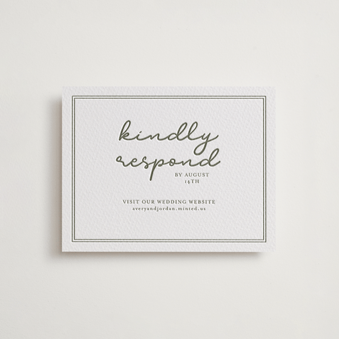"The Verdure Suite" - Letterpress RSVP Online Enclosure Cards in Moss by Brittney Jensen - Front
