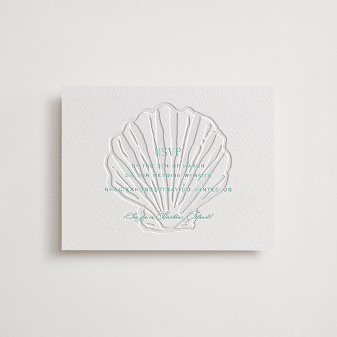 "Isle" - Letterpress RSVP Online Enclosure Cards in Seafoam by Megan Davis - Front