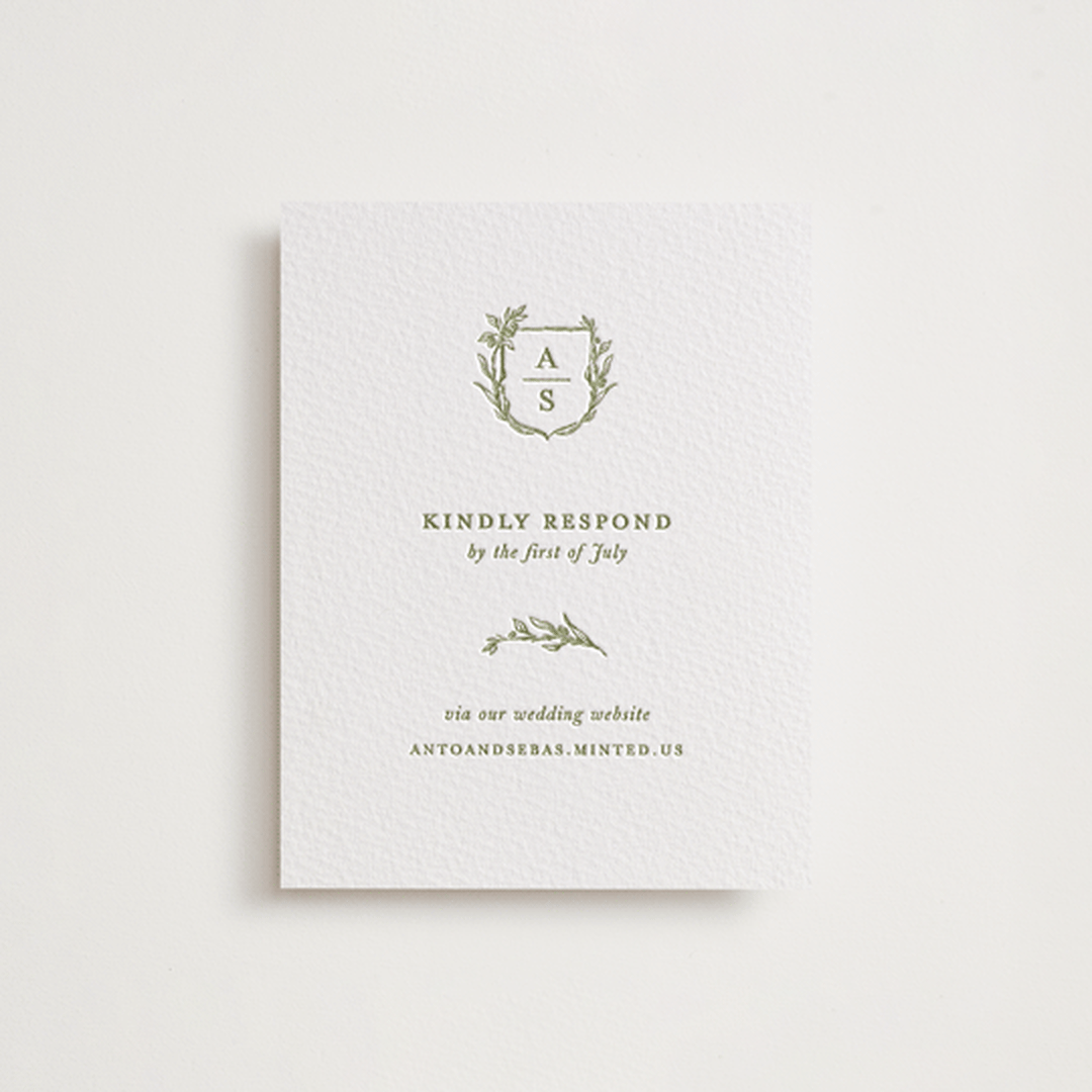 "Botanical Crest" - Letterpress RSVP Online Enclosure Cards in Pistachio by Lucrecia Caporale - Front