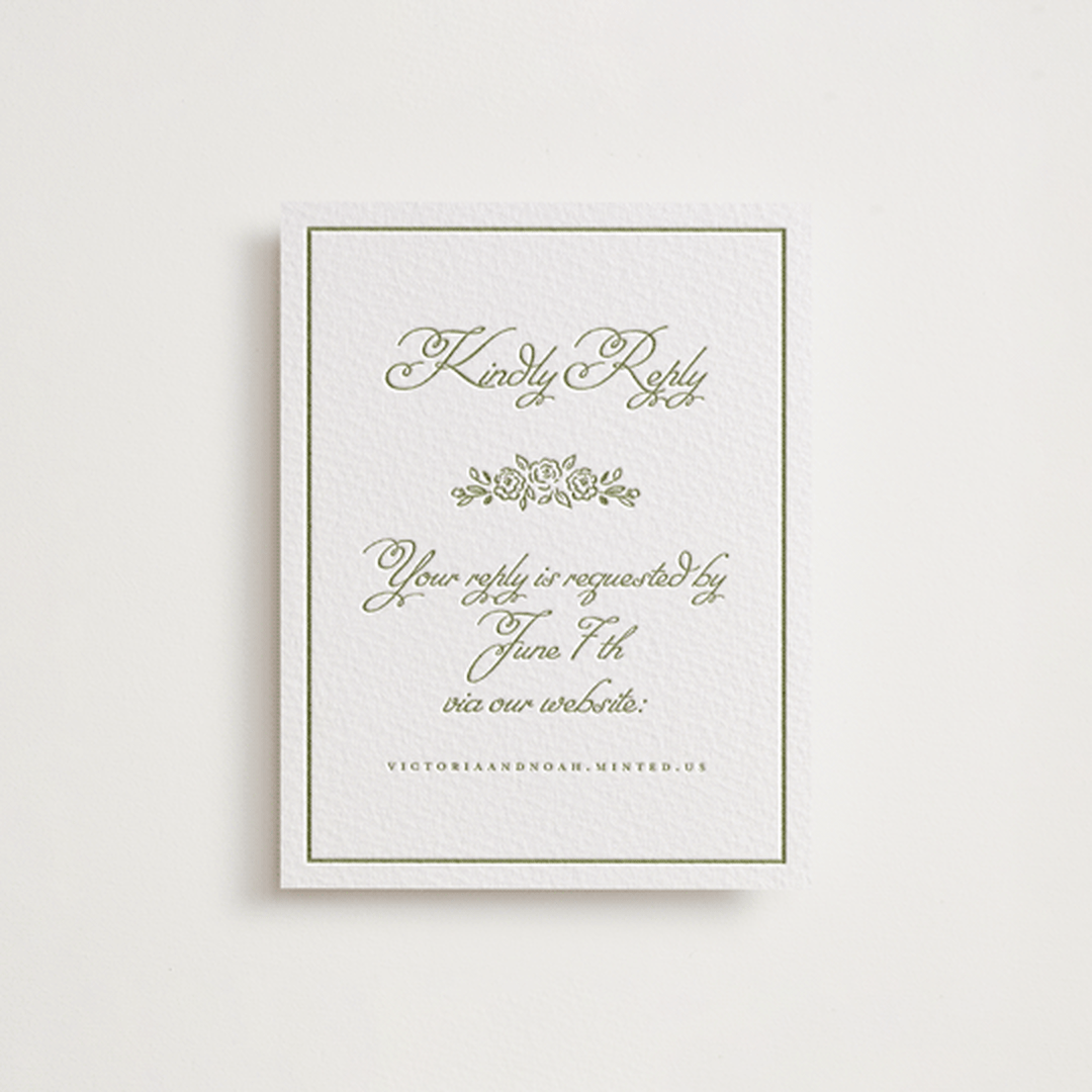 "Crestino" - Letterpress RSVP Online Enclosure Cards in Pistachio by Petra Kern - Front