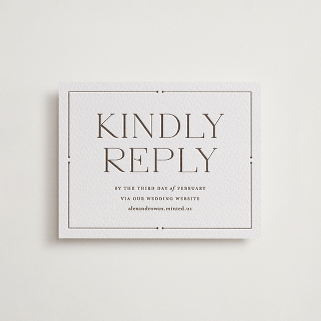 "Quiet Luxury" - Letterpress RSVP Online Enclosure Cards in Coffee by Oscar and Emma - Karly Depew - Front