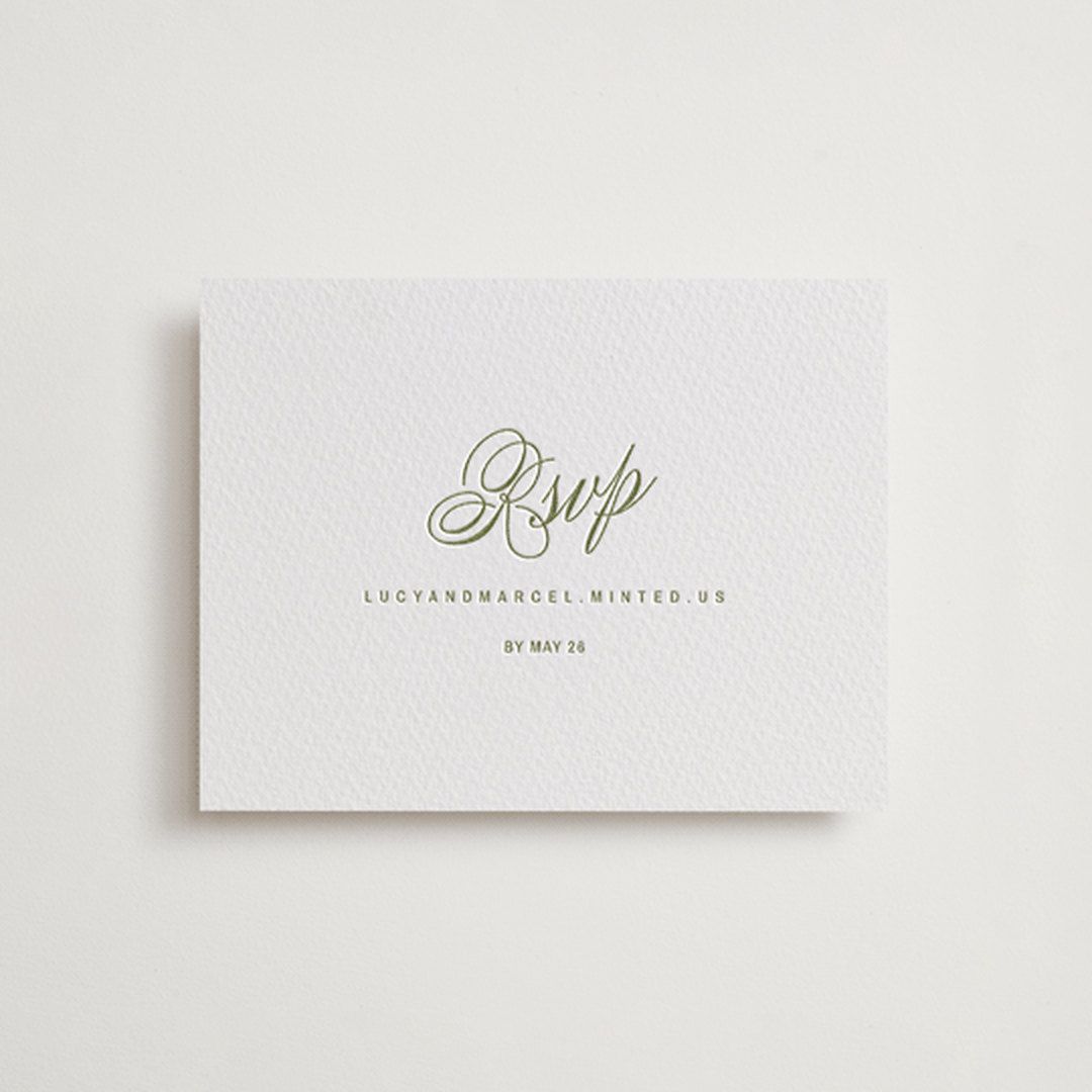 "Love in the Afternoon" - Letterpress RSVP Online Enclosure Cards in Pistachio by Ani Somi - Front