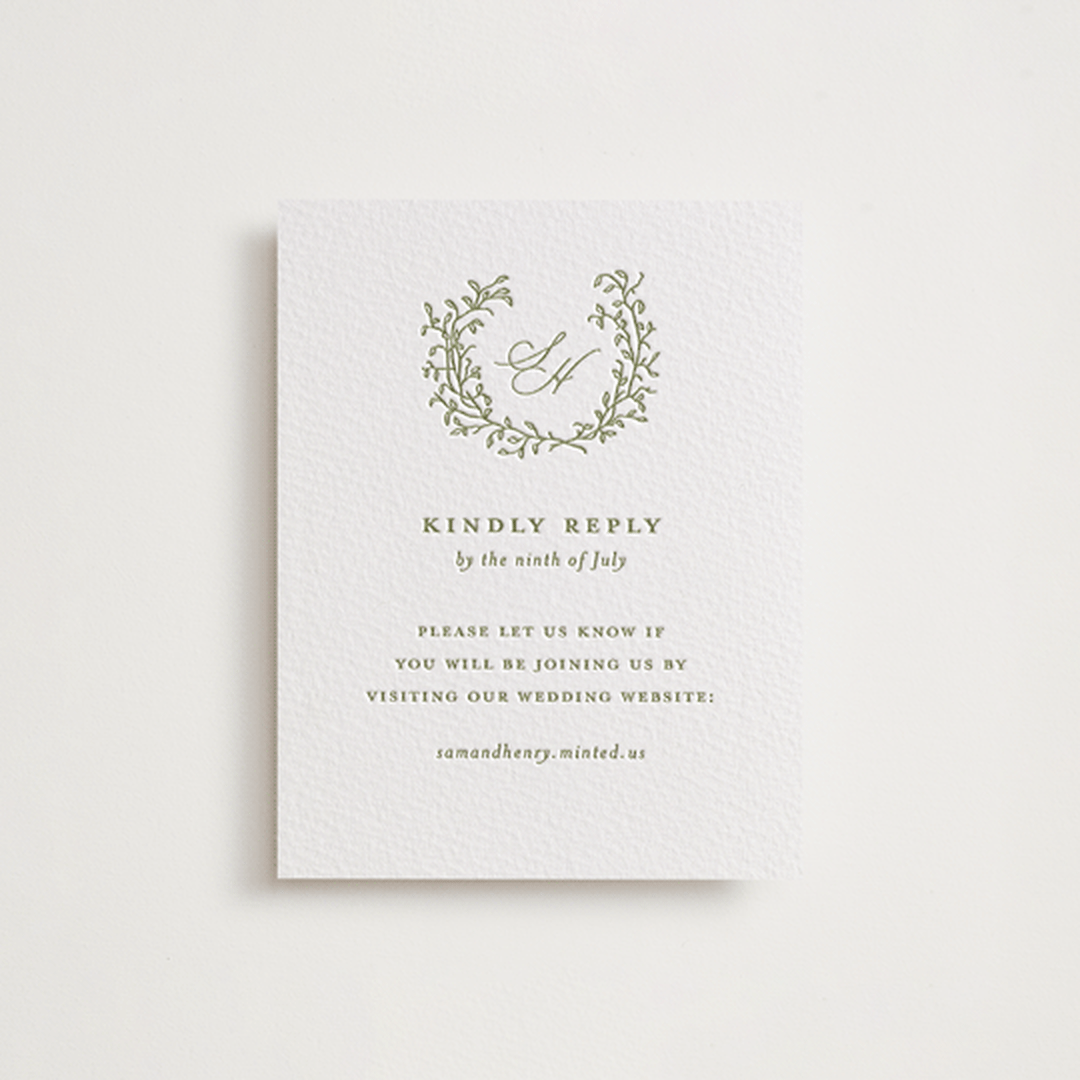 "Garden Script" - Letterpress RSVP Online Enclosure Cards in Pistachio by Katherine Moynagh - Front