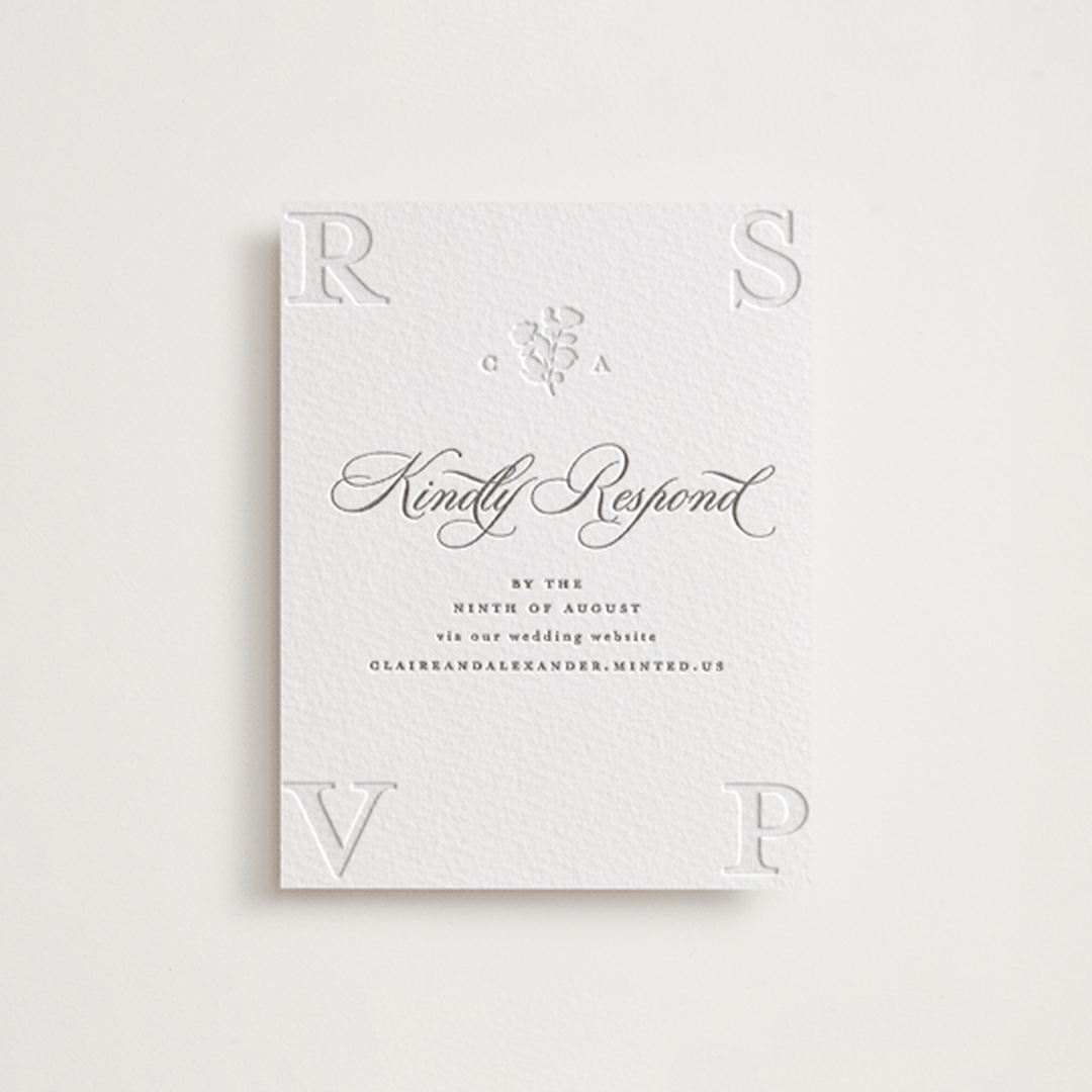 "Heirloom" - Letterpress RSVP Online Enclosure Cards in Graphite by Creo Study - Front