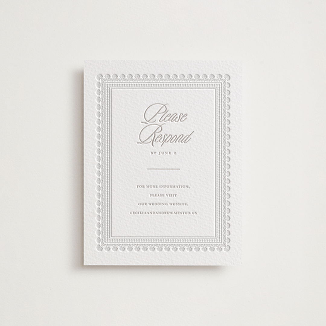 "Shell Border" - Letterpress RSVP Online Enclosure Cards in Dove Grey by Vera Lim - Front