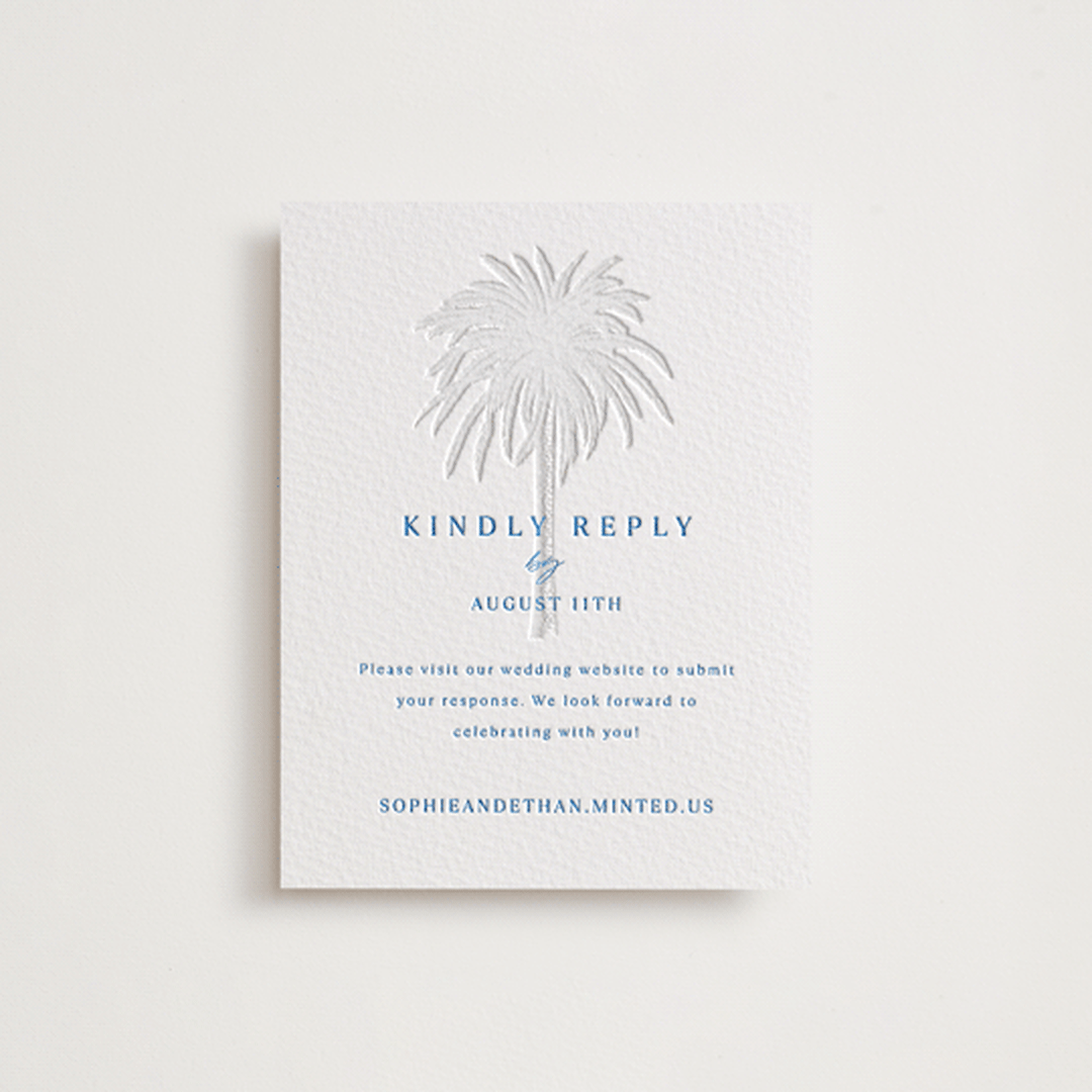 "Palm Tree" - Letterpress RSVP Online Enclosure Cards in Sapphire by Kaydi Bishop - Front