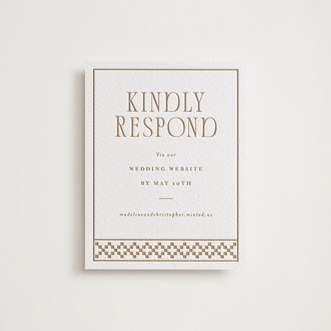 "Parker" - Letterpress RSVP Online Enclosure Cards in Matte Gold by Angela Garrick - Front