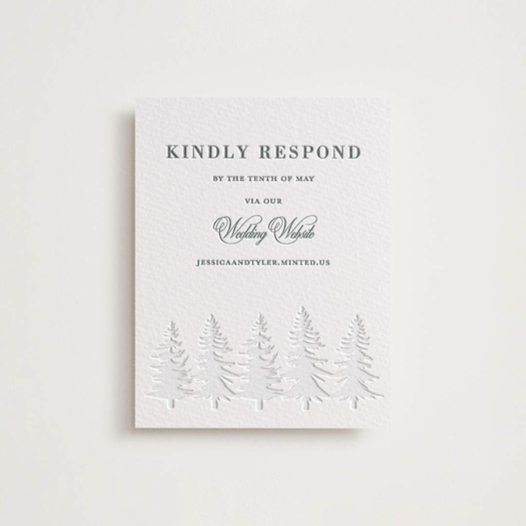 "Evergreen" - Letterpress RSVP Online Enclosure Cards in Stone by Teju Reval - Front