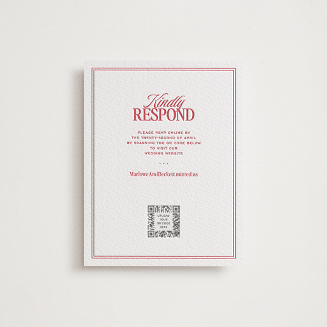 "Vermilion" - Letterpress RSVP Online Enclosure Cards in Scarlet by Jenna Holcomb - Front