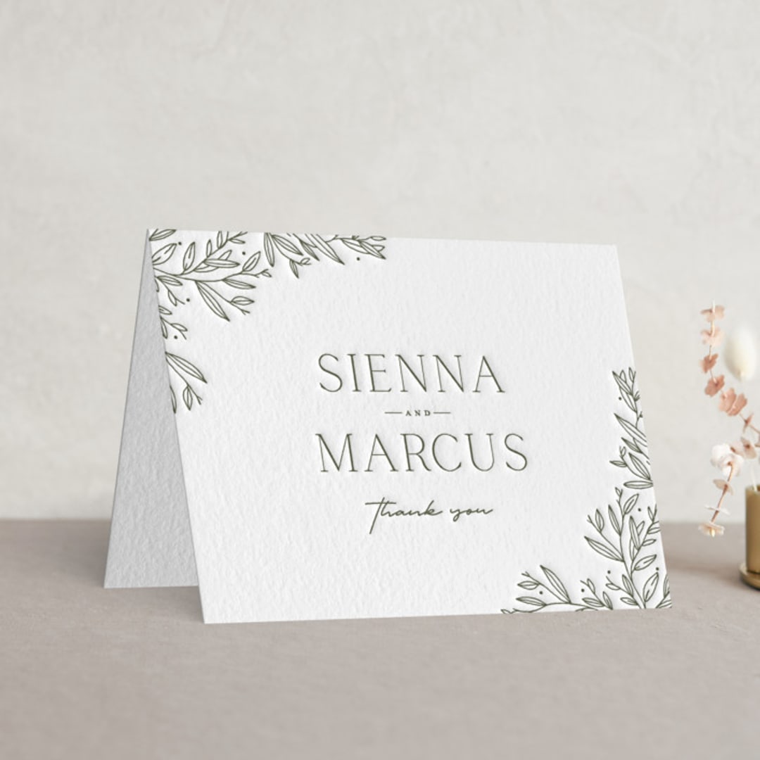 "Beauty of Nature" - Letterpress Wedding Thank You Cards in Moss by Oscar and Emma - Karly Depew - Front