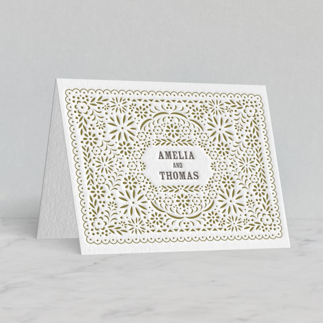 "Fiesta Folk Art" - Letterpress Wedding Thank You Cards in Graphite | Surplus Green by root beer float - Front