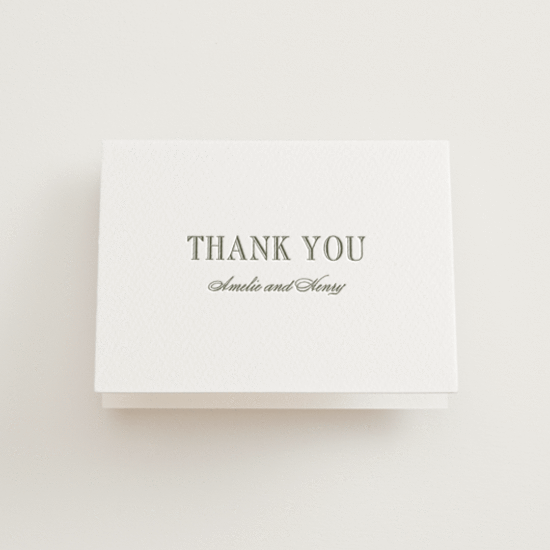 "Hepburn" - Letterpress Wedding Thank You Cards in Moss by Megan Davis - Front