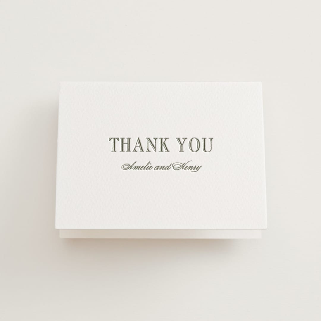 "Hepburn" - Letterpress Wedding Thank You Cards in Moss by Megan Davis - Front