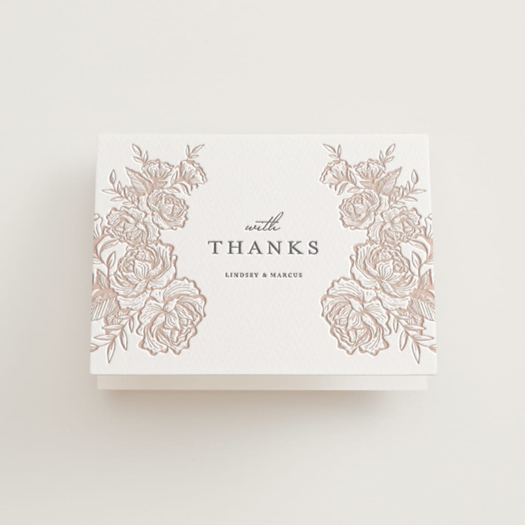 "In Bloom" - Letterpress Wedding Thank You Cards in Latte | Gravel by Jennifer Postorino - Front