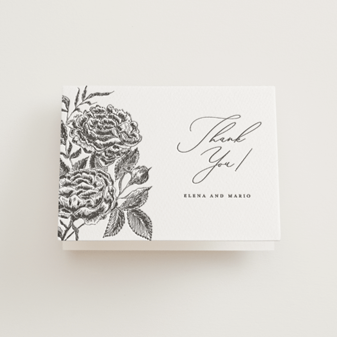 "Etchings of Roses" - Letterpress Wedding Thank You Cards in Soft Black by Chris Griffith - Front