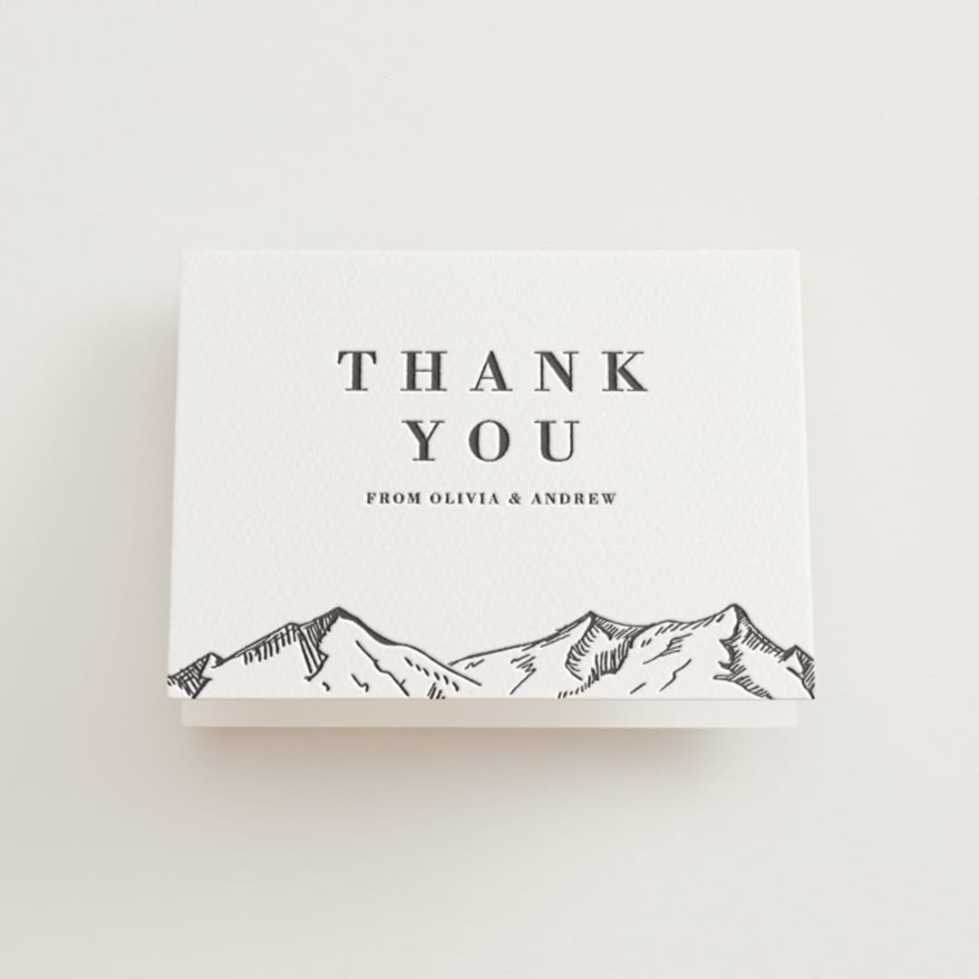 "Etched Mountain" - Letterpress Wedding Thank You Cards in Soft Black by Winston Latchman - Front