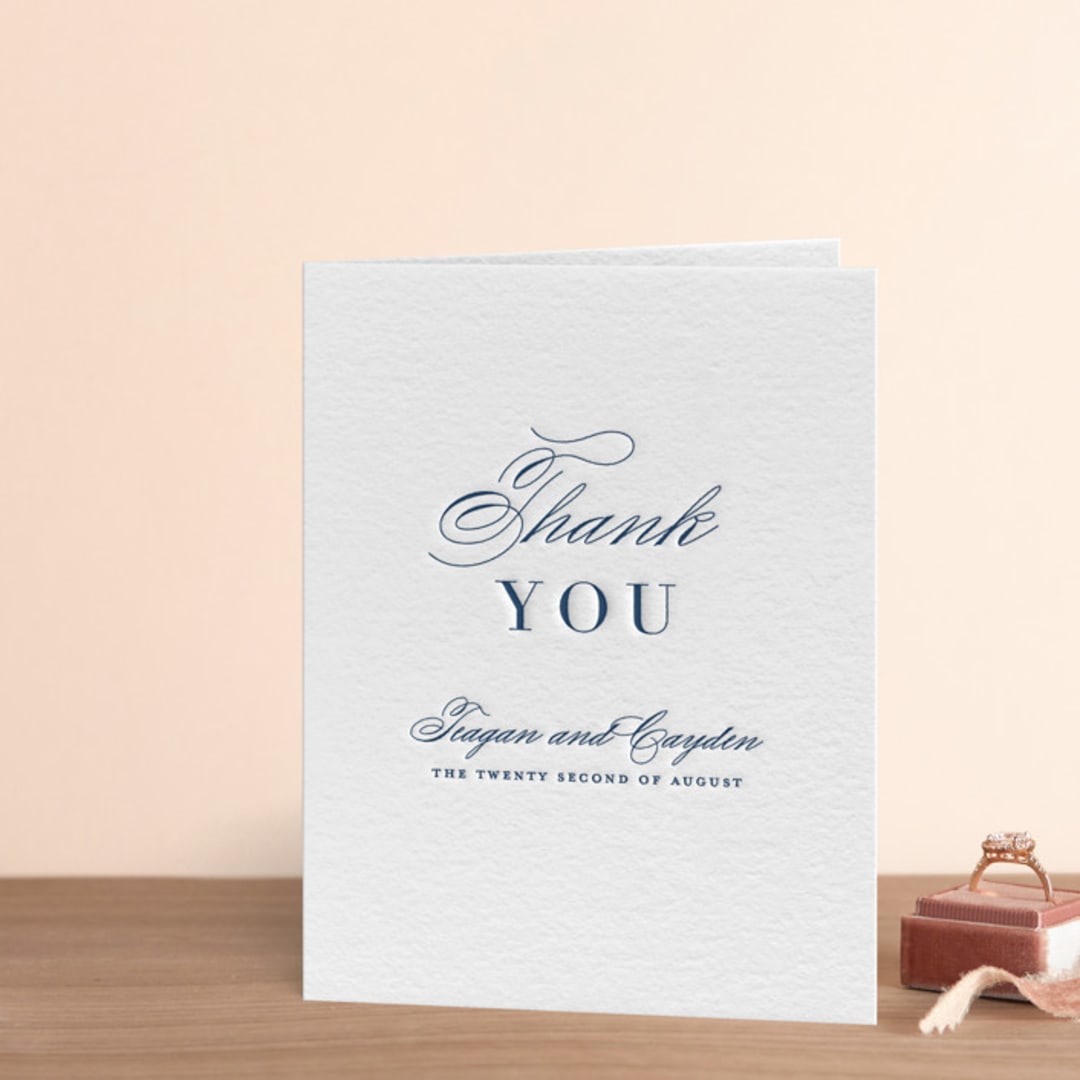 "destined" - Letterpress Wedding Thank You Cards in Indigo by Design Lotus - Front