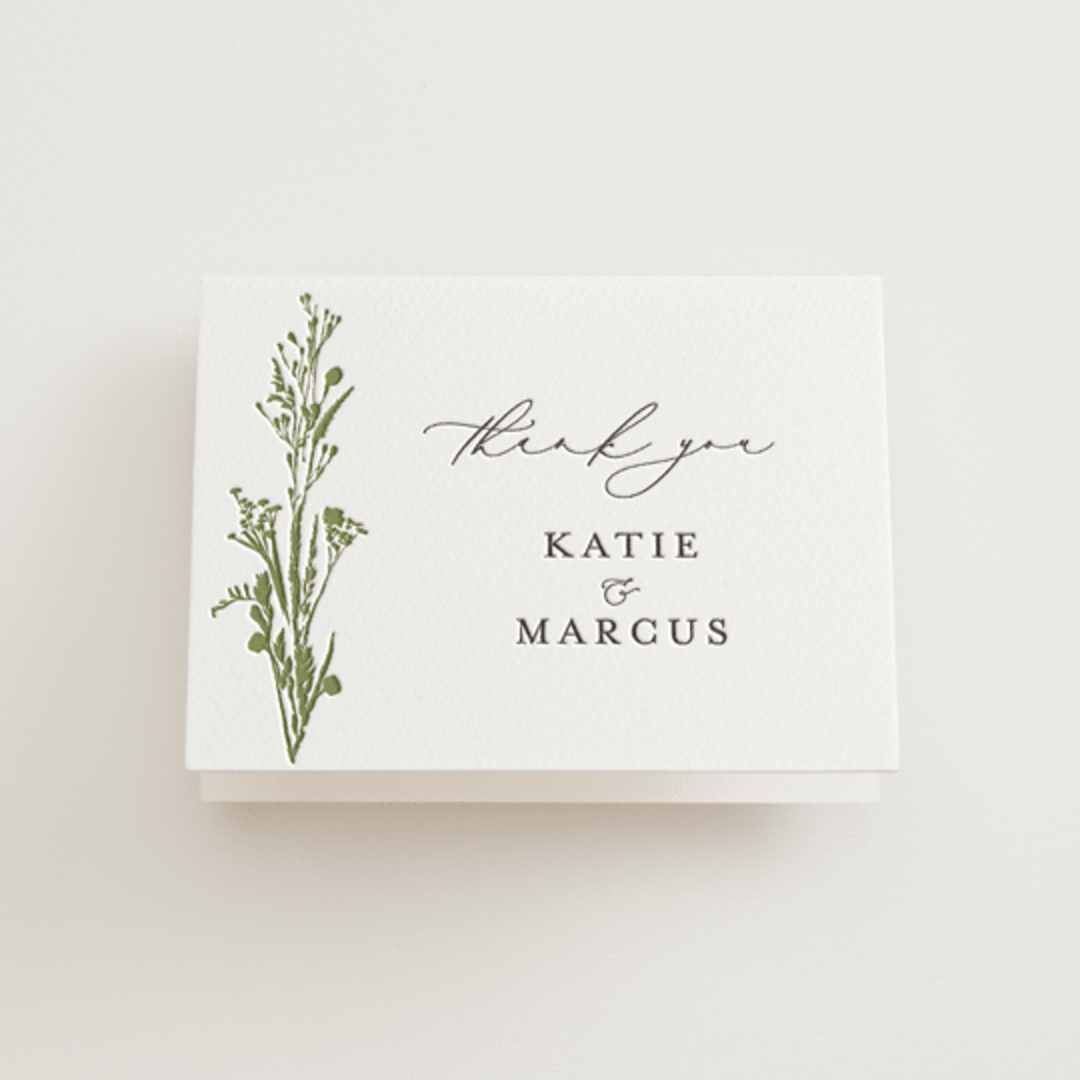 "Gathered" - Letterpress Wedding Thank You Cards in Pistachio | Soft Black by Susan Moyal - Front
