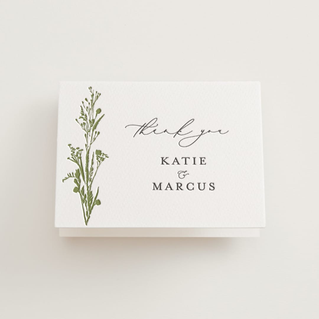 "Gathered" - Letterpress Wedding Thank You Cards in Pistachio | Soft Black by Susan Moyal - Front