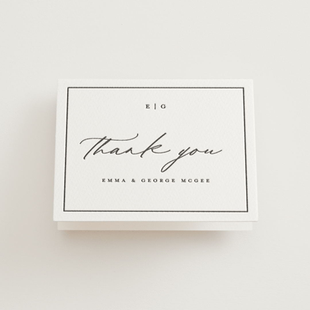 "Heritage" - Letterpress Wedding Thank You Cards in Soft Black by Stacey Meacham - Front