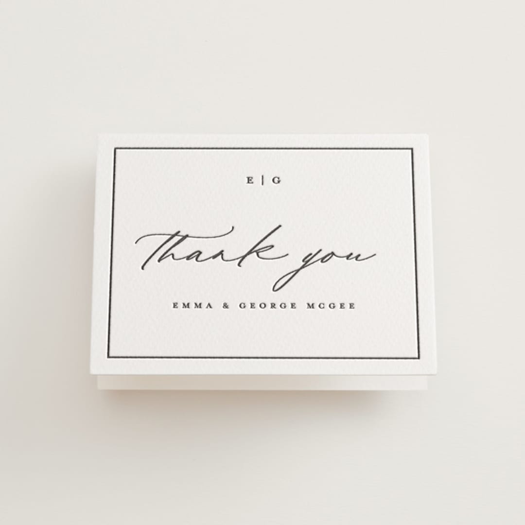 "Heritage" - Letterpress Wedding Thank You Cards in Soft Black by Stacey Meacham - Front