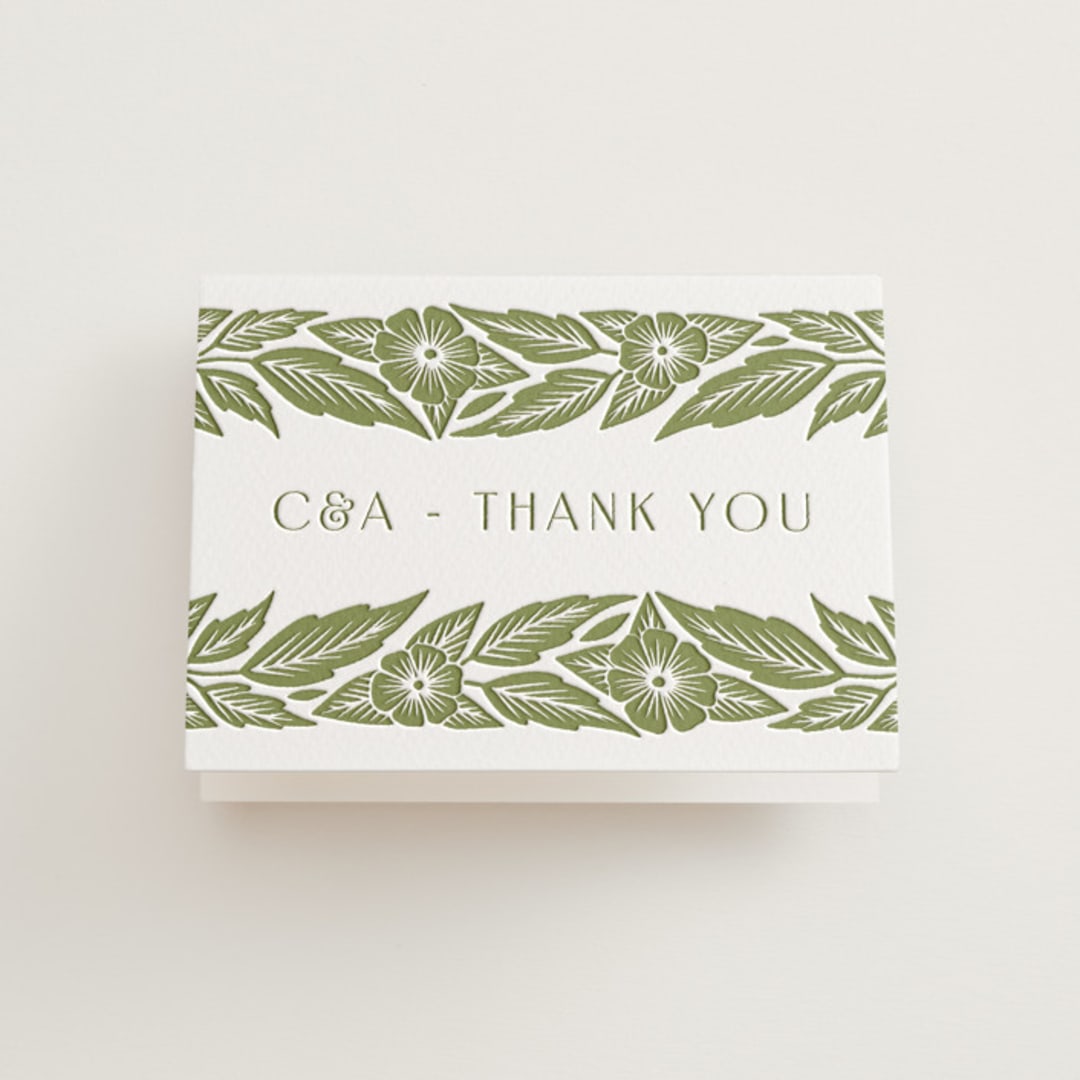 "Printed Floral" - Letterpress Wedding Thank You Cards in Pistachio by Katharine Watson - Front