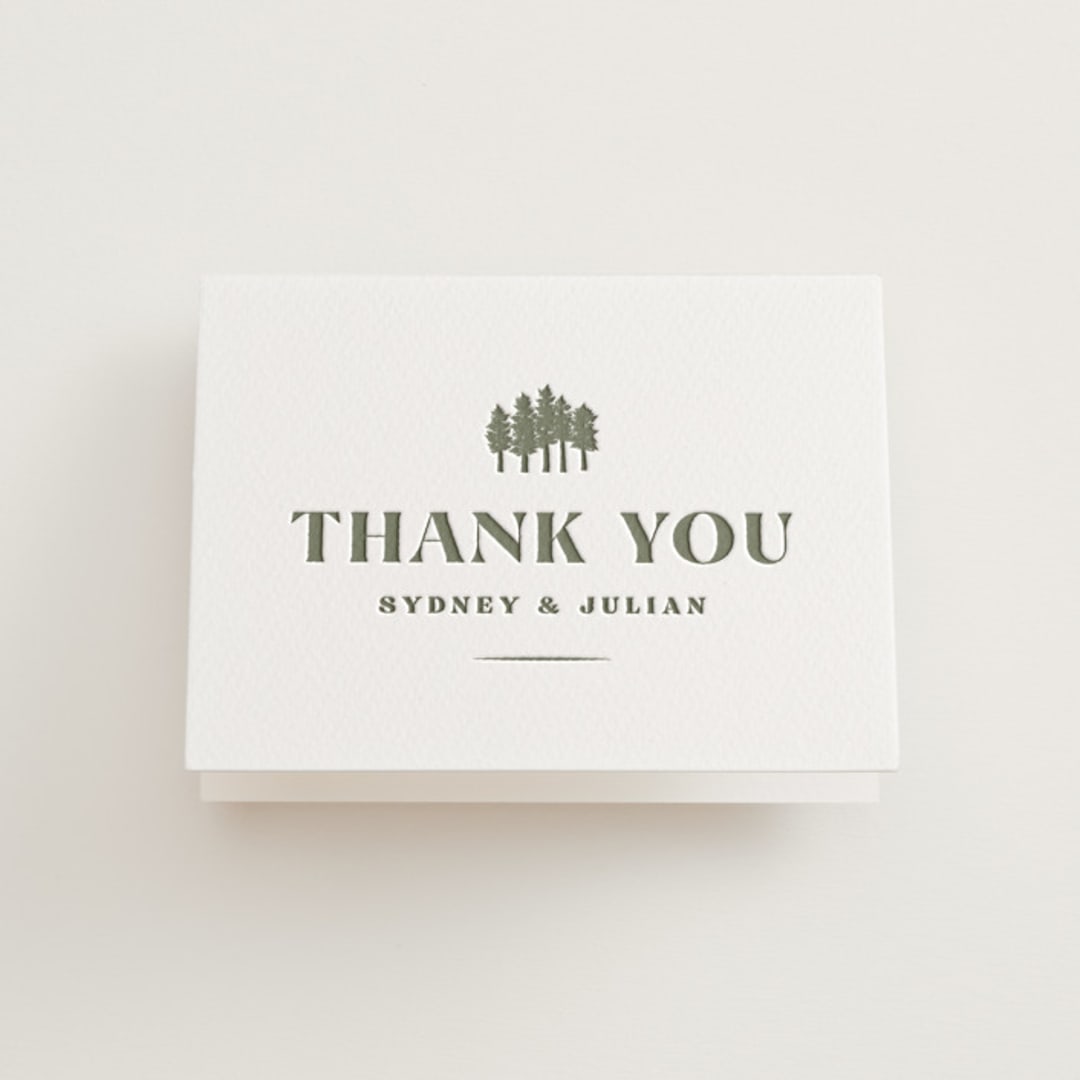 "Sequoia" - Letterpress Wedding Thank You Cards in Moss by Robert and Stella - Front