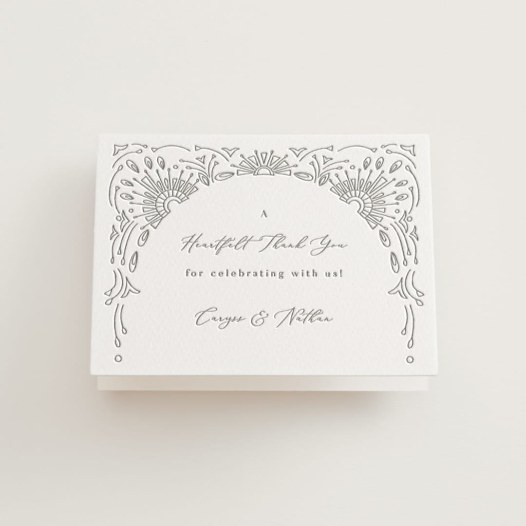 "Splendor" - Letterpress Wedding Thank You Cards in Ash by Devika Keskar - Front