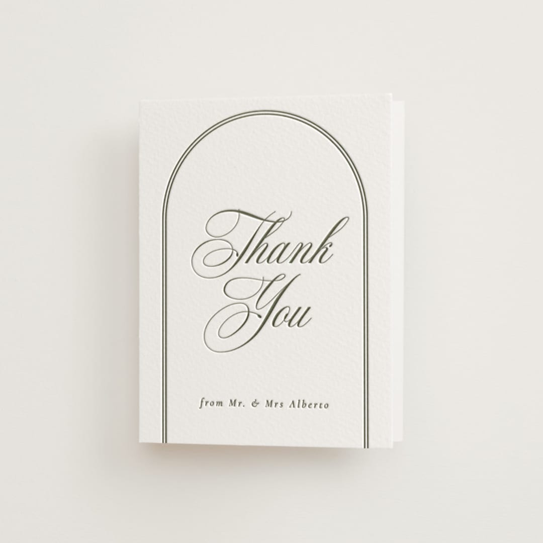 "Classic Arch" - Letterpress Wedding Thank You Cards in Moss by Corinne Malesic - Front