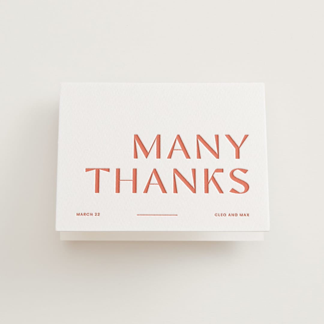 "Boldly" - Letterpress Wedding Thank You Cards in Neon Orange by Blustery August - Front