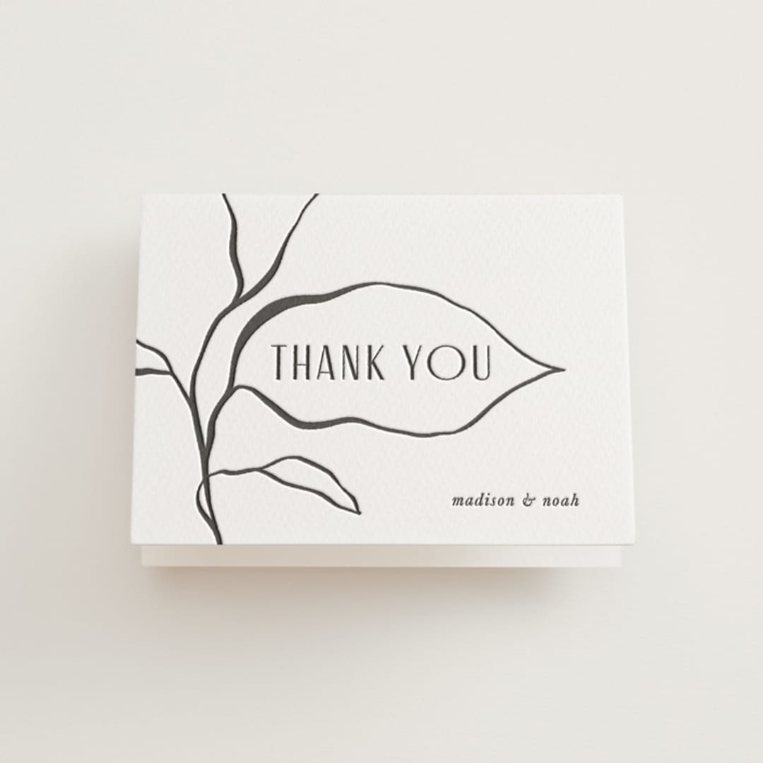 "Leaves" - Letterpress Wedding Thank You Cards in Black by Pati Cascino - Front