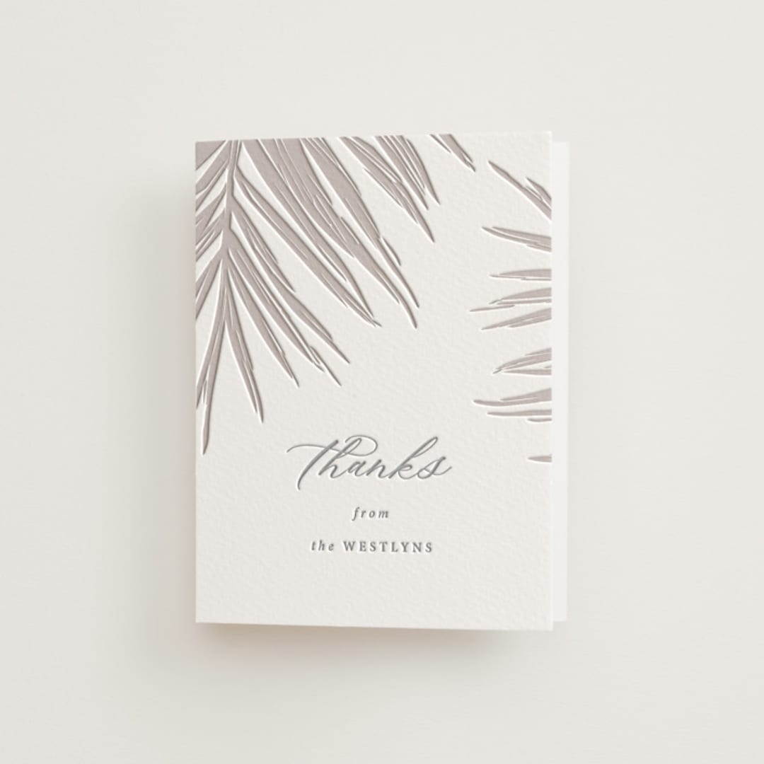 "Gilded Palm" - Letterpress Wedding Thank You Cards in Ash by Melinda Denison - Front