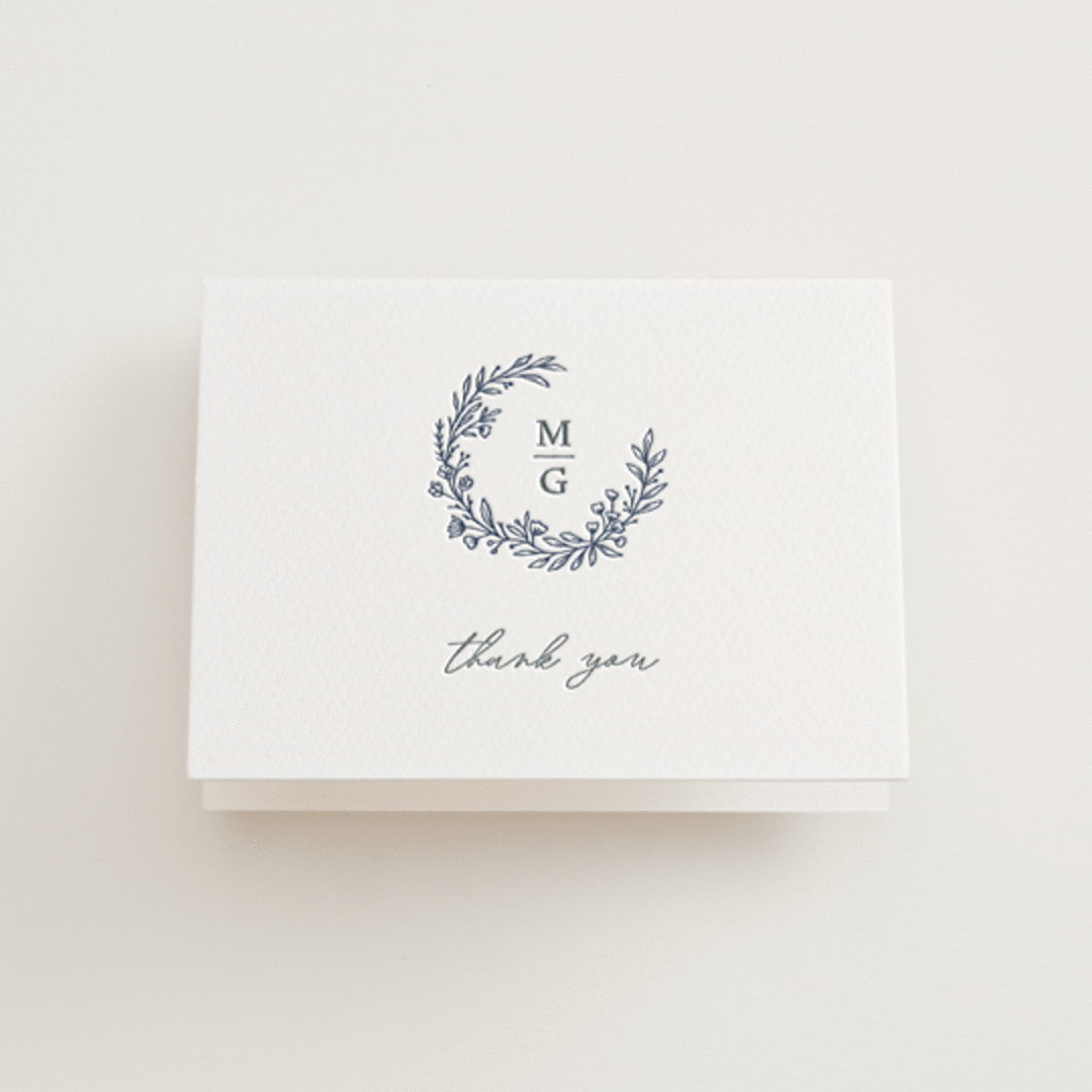 "Wreathed Monogram" - Letterpress Wedding Thank You Cards in Stone by Katherine Moynagh - Front